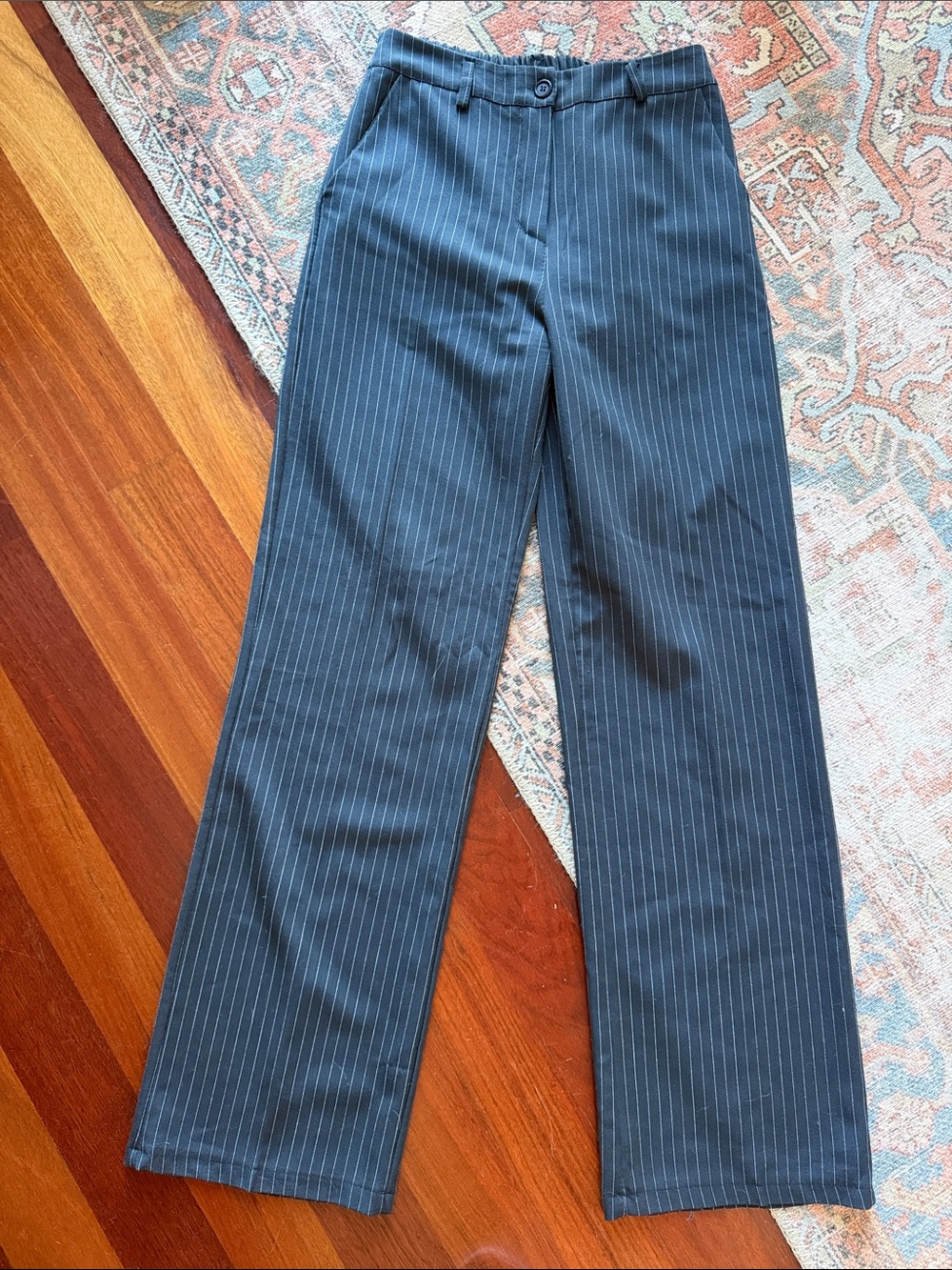 Women’s classic pinstripe navy blue trousers - wide leg